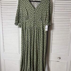 Time and Tru Olive Polka Dot Midi Dress